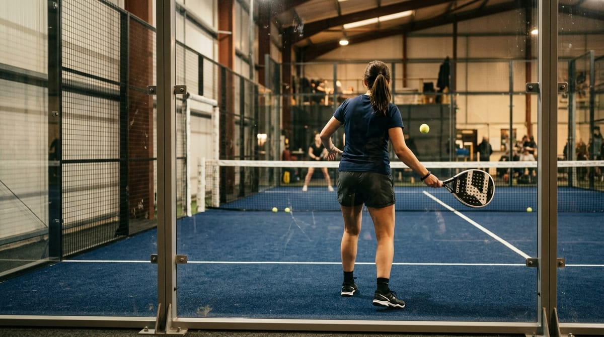 A padel player serving underarm on a glass court