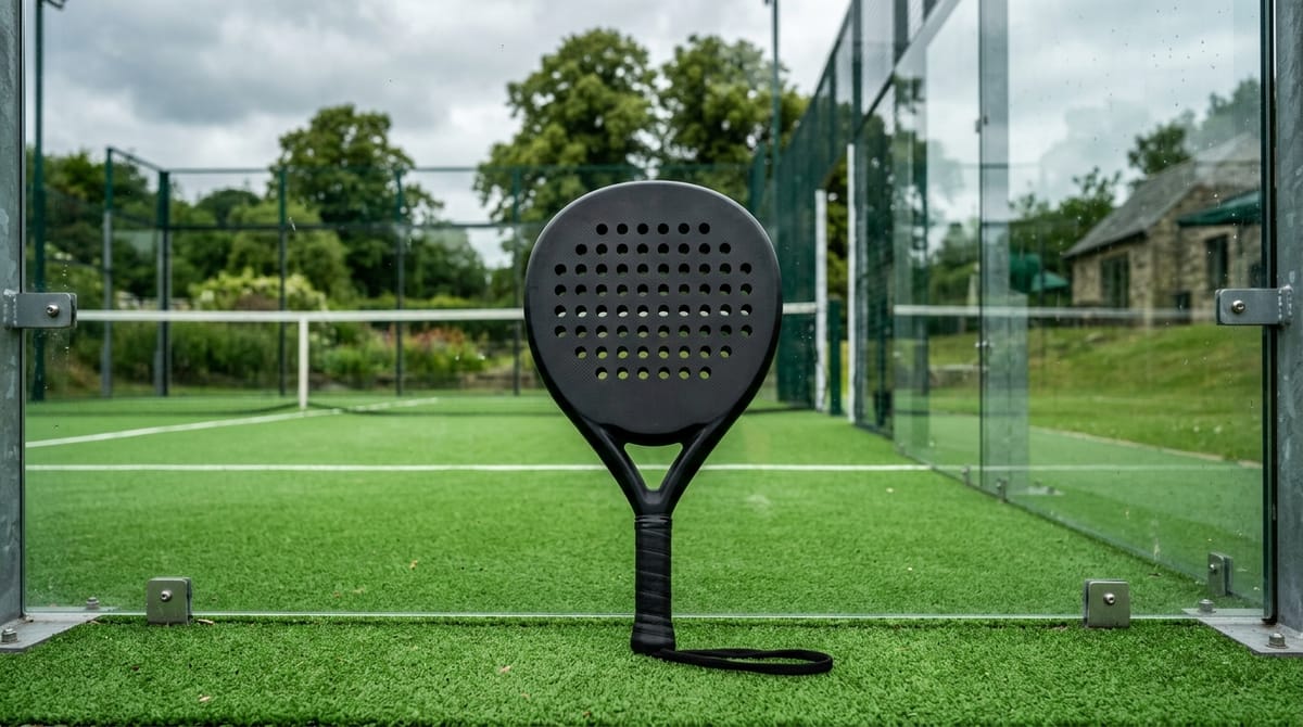 A round-headed control padel racket propped against a glass court wall