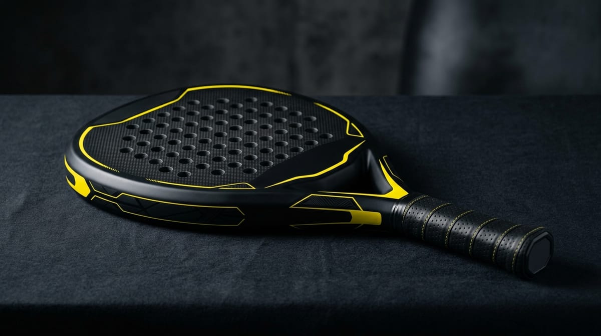 Black padel racket with yellow accents on a dark background