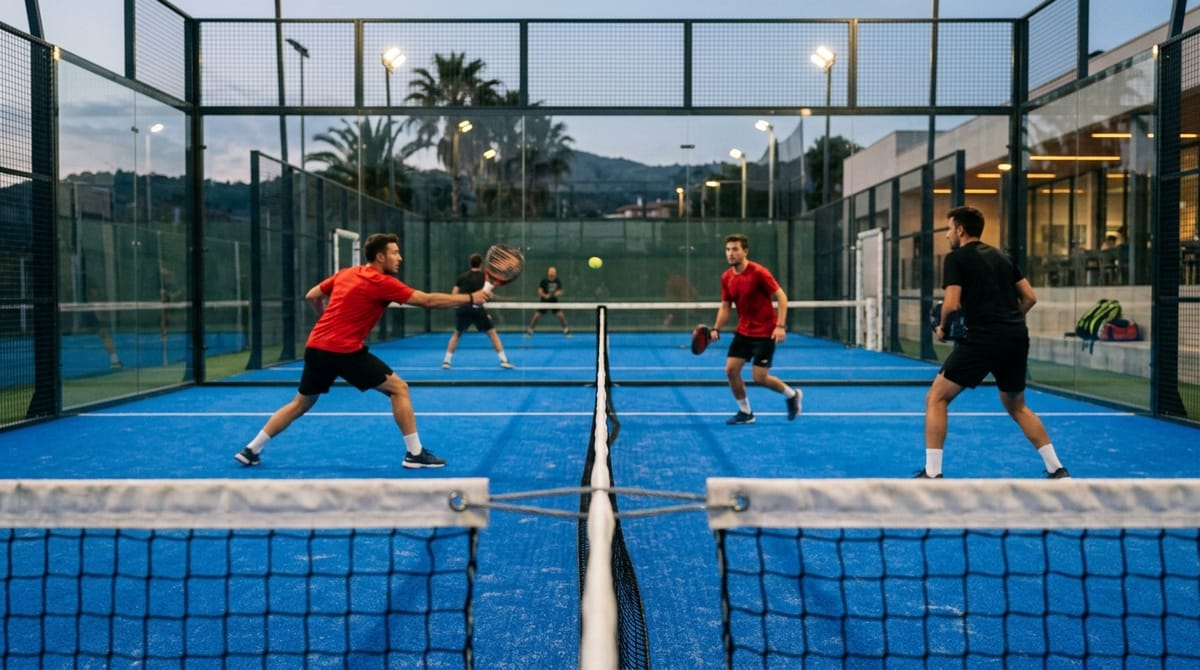 Padel court seen across the net during a rally