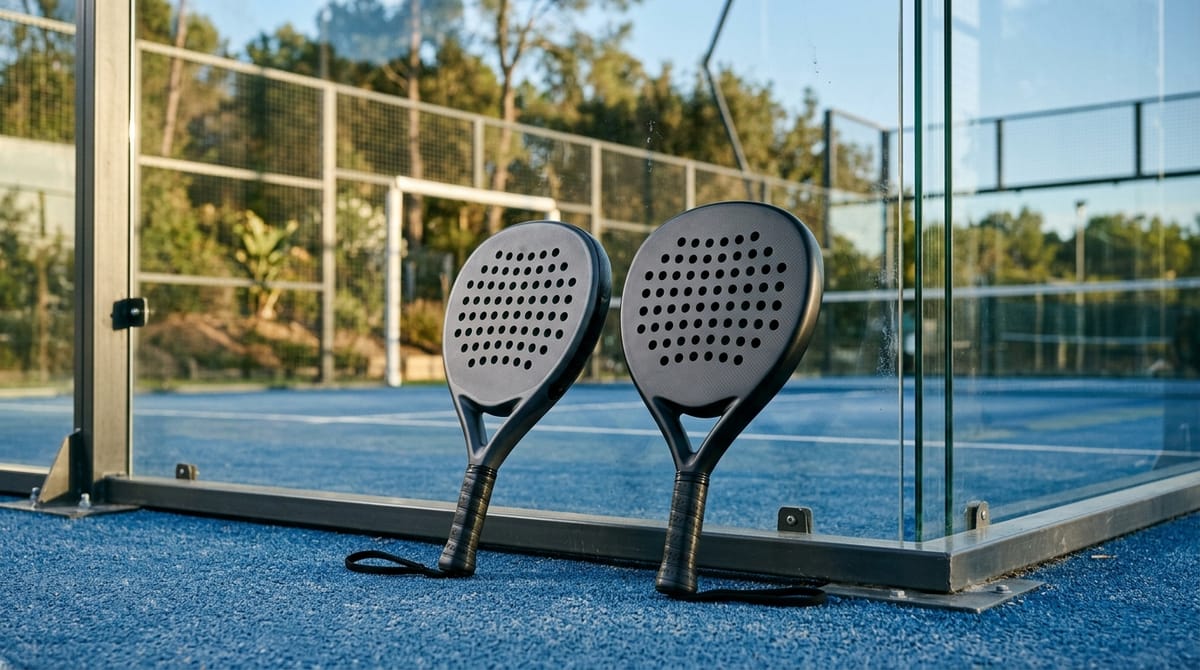 Two padel rackets leaning against the glass wall of a court