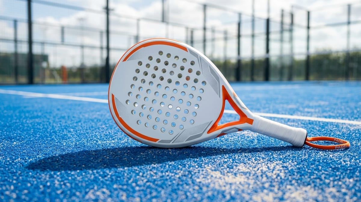 White and orange padel racket lying on blue court turf